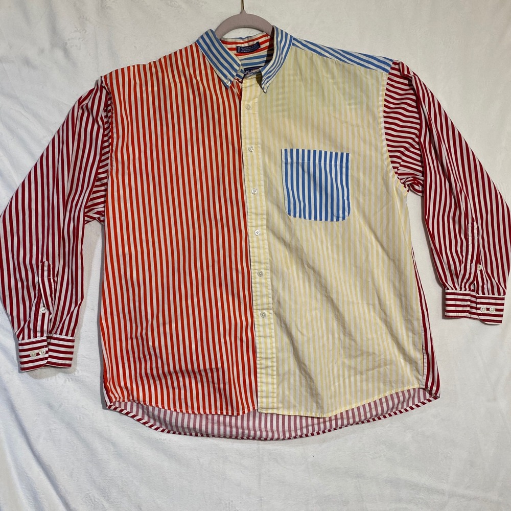 Van Heusen Over Easy Mens XL Colorblock Striped Button Up Shirt Red Yellow Blue